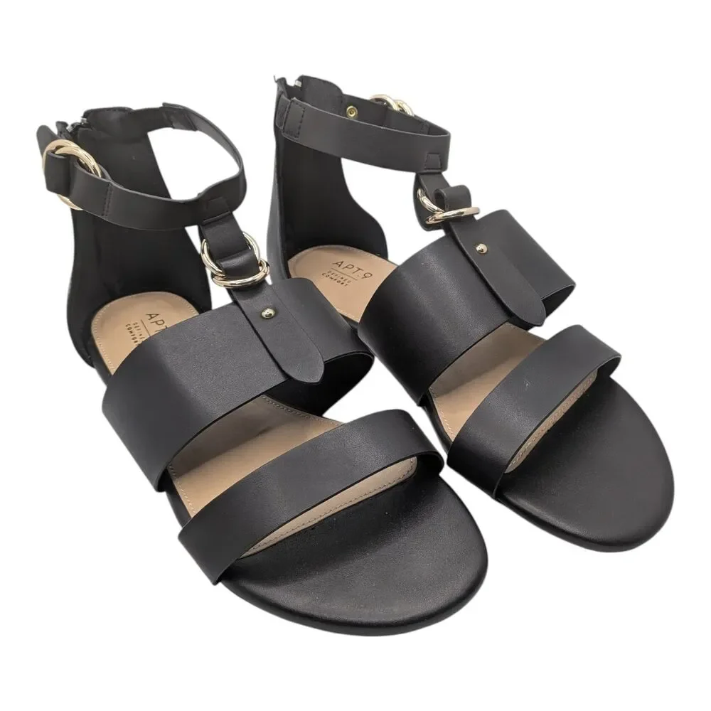 Women's Apt 9 Black Faux Leather Gladiator Sandals Size 9.5 Zip Back Gold Buckle